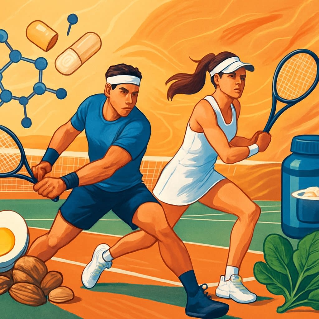 Two tennis players in action on a court surrounded by images of protein molecules, supplements, and healthy foods symbolizing nutrition for athletic performance.