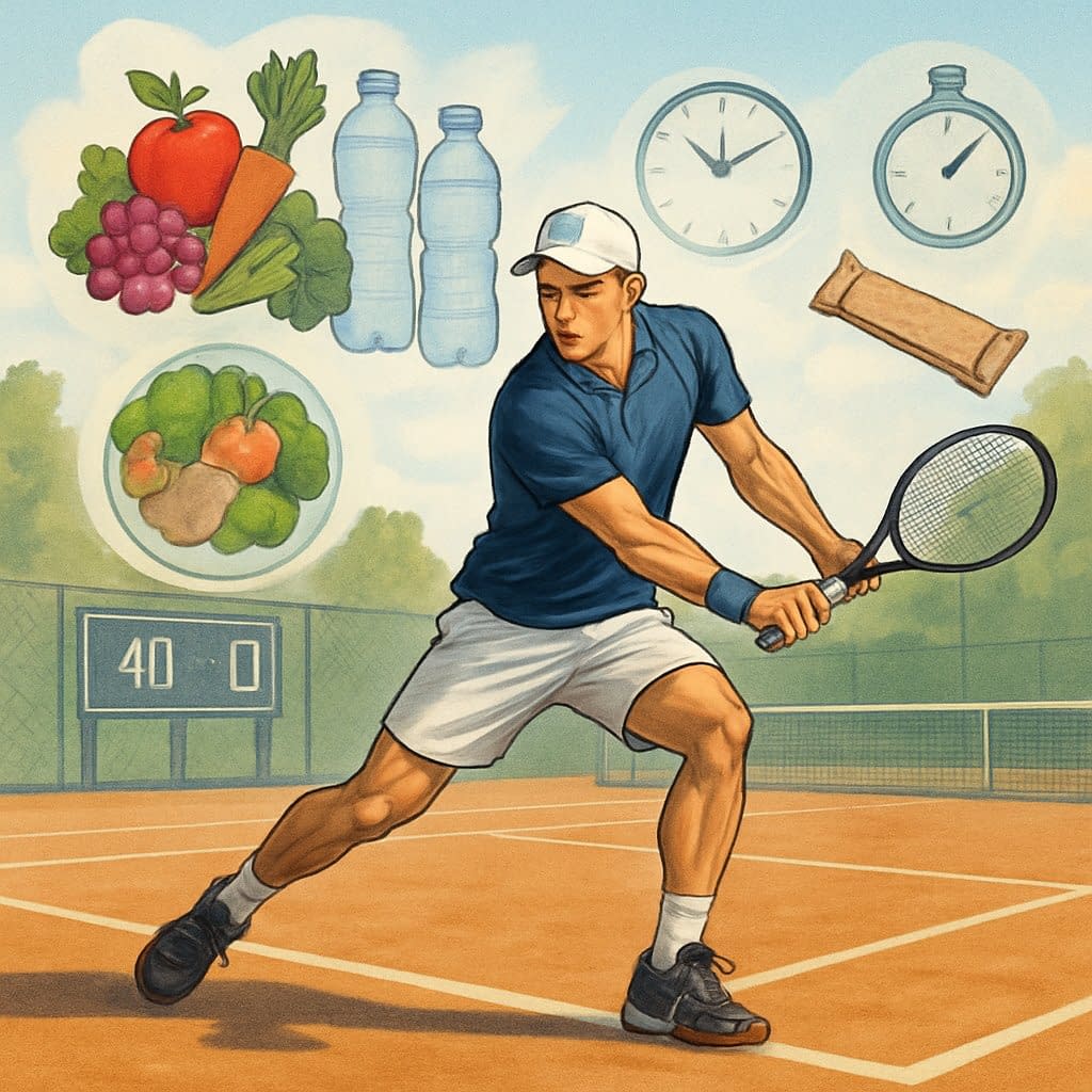 A tennis player swinging a racket on a court surrounded by images of healthy foods and hydration items symbolizing nutrition and performance.