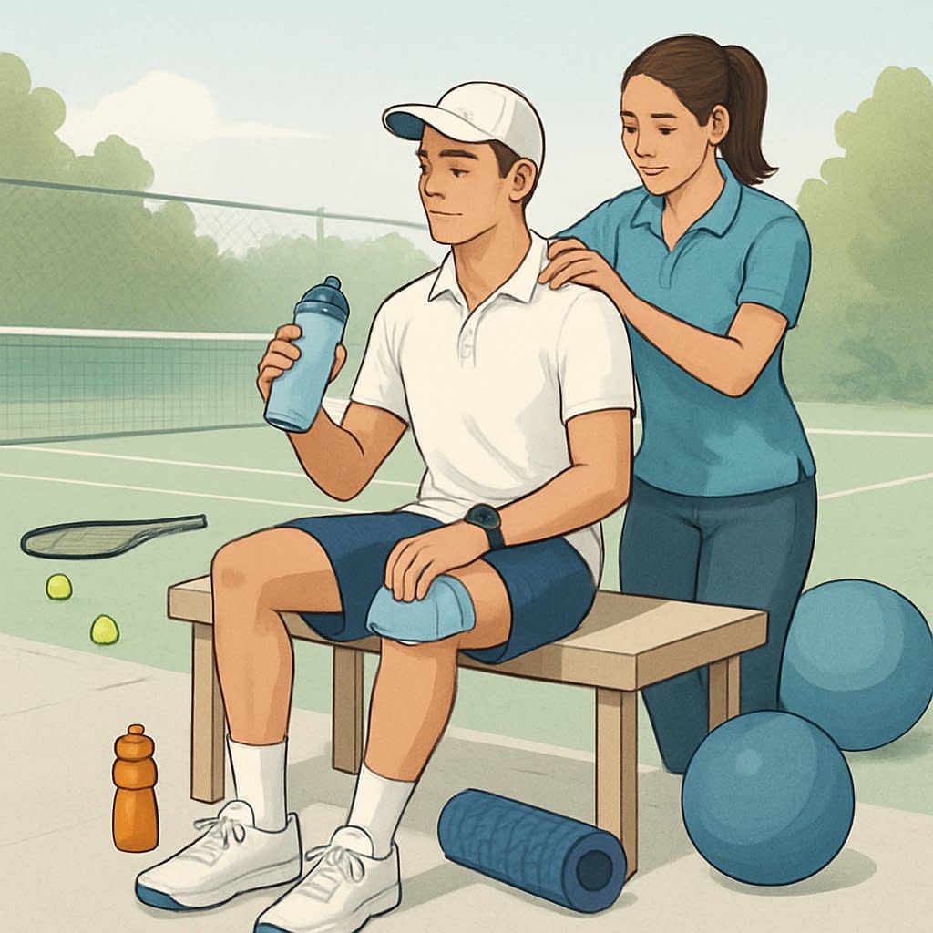 A tennis player sitting on a bench receiving a shoulder massage with recovery tools like an ice pack and foam roller nearby on a tennis court.