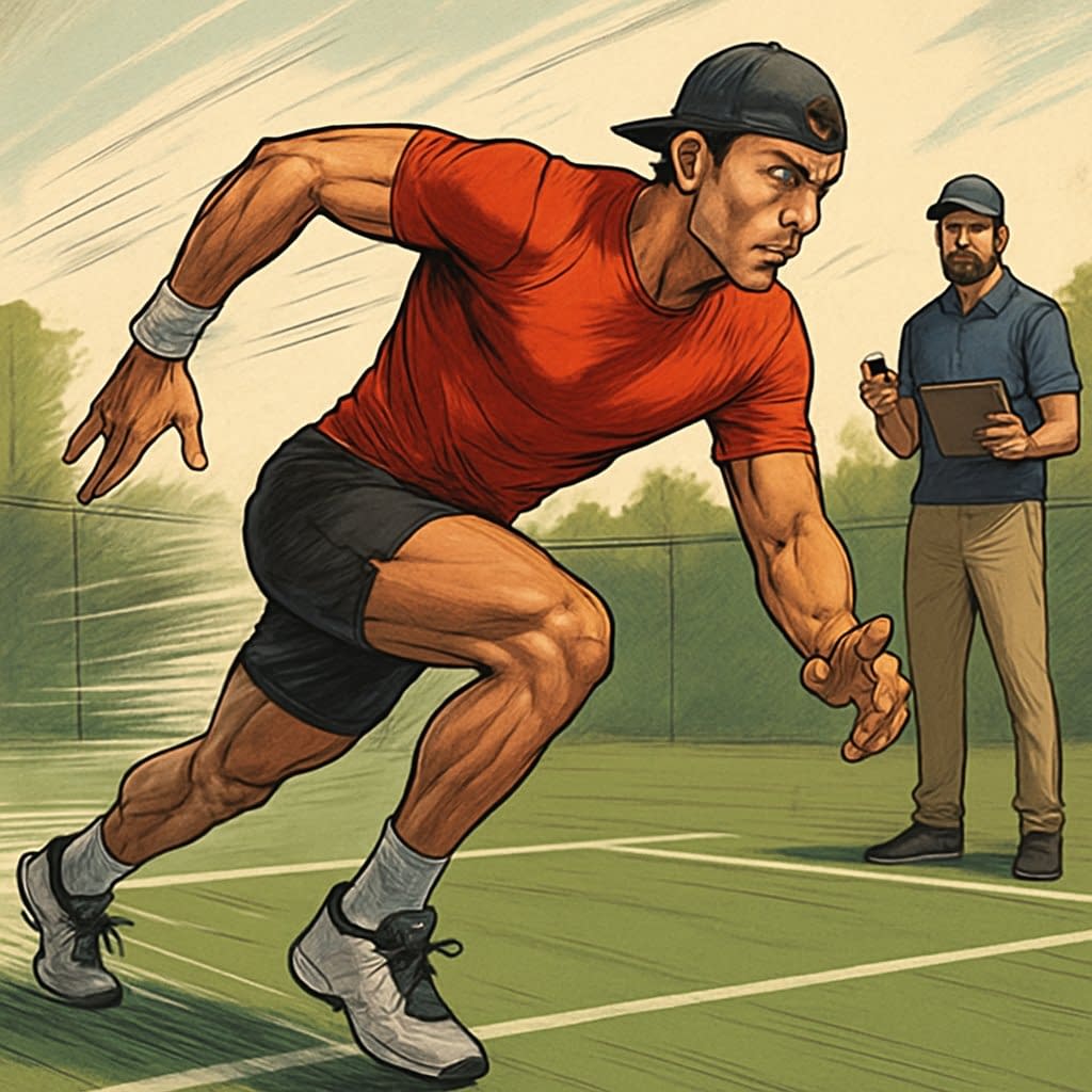 A tennis player in an athletic stance pushing off the ground to start a quick movement on a tennis court while a coach watches nearby.