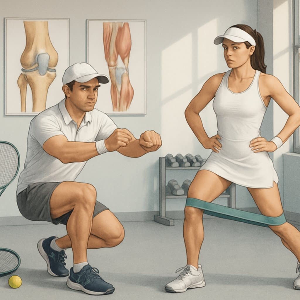 Two tennis players performing strength training exercises in a gym to support knee health, with tennis equipment and anatomical charts in the background.