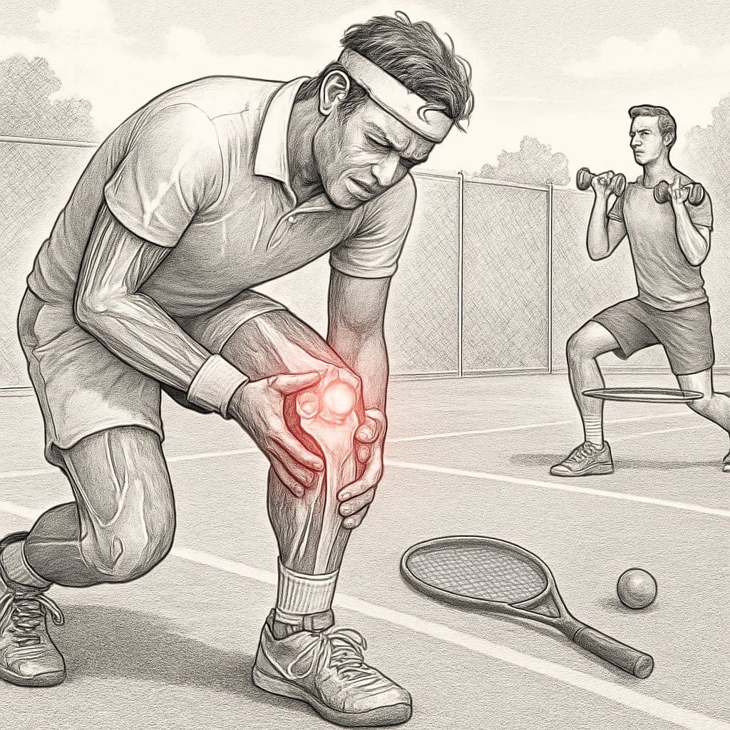 A tennis player holding his knee in pain on a tennis court while a trainer demonstrates strength exercises nearby.