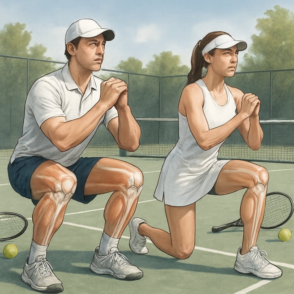 Two tennis players performing strength training exercises on a tennis court with highlighted knee joints and muscles.