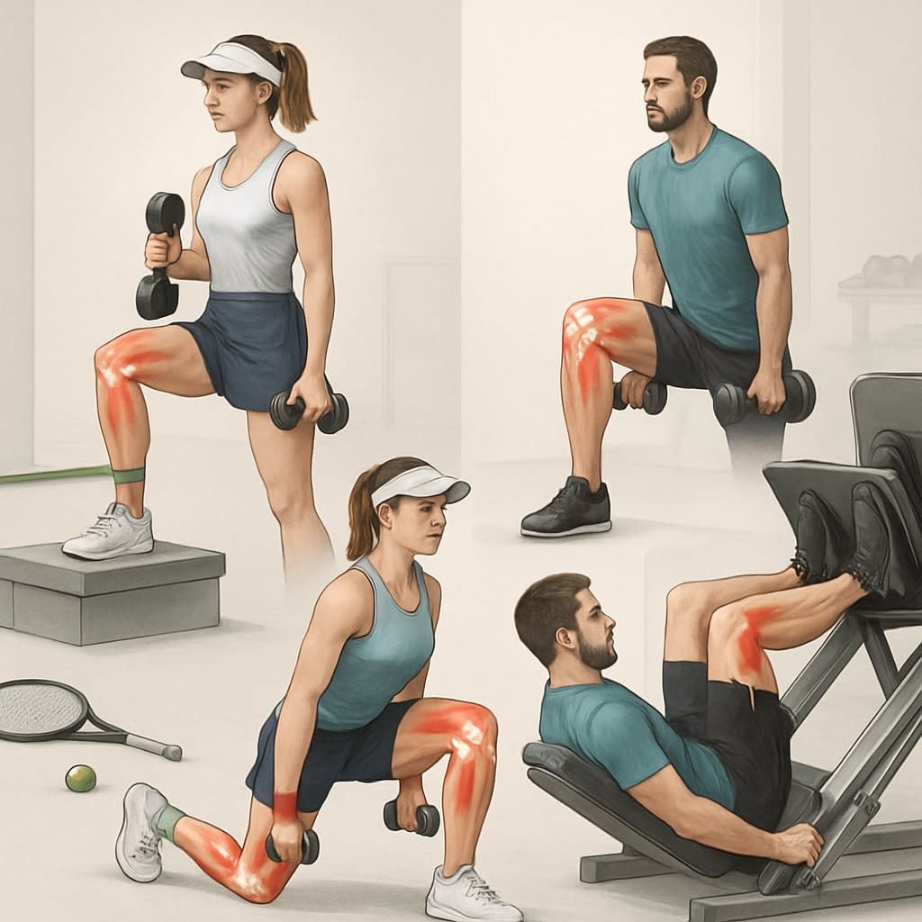 Two tennis players performing strength training exercises focused on knee support in a gym setting.