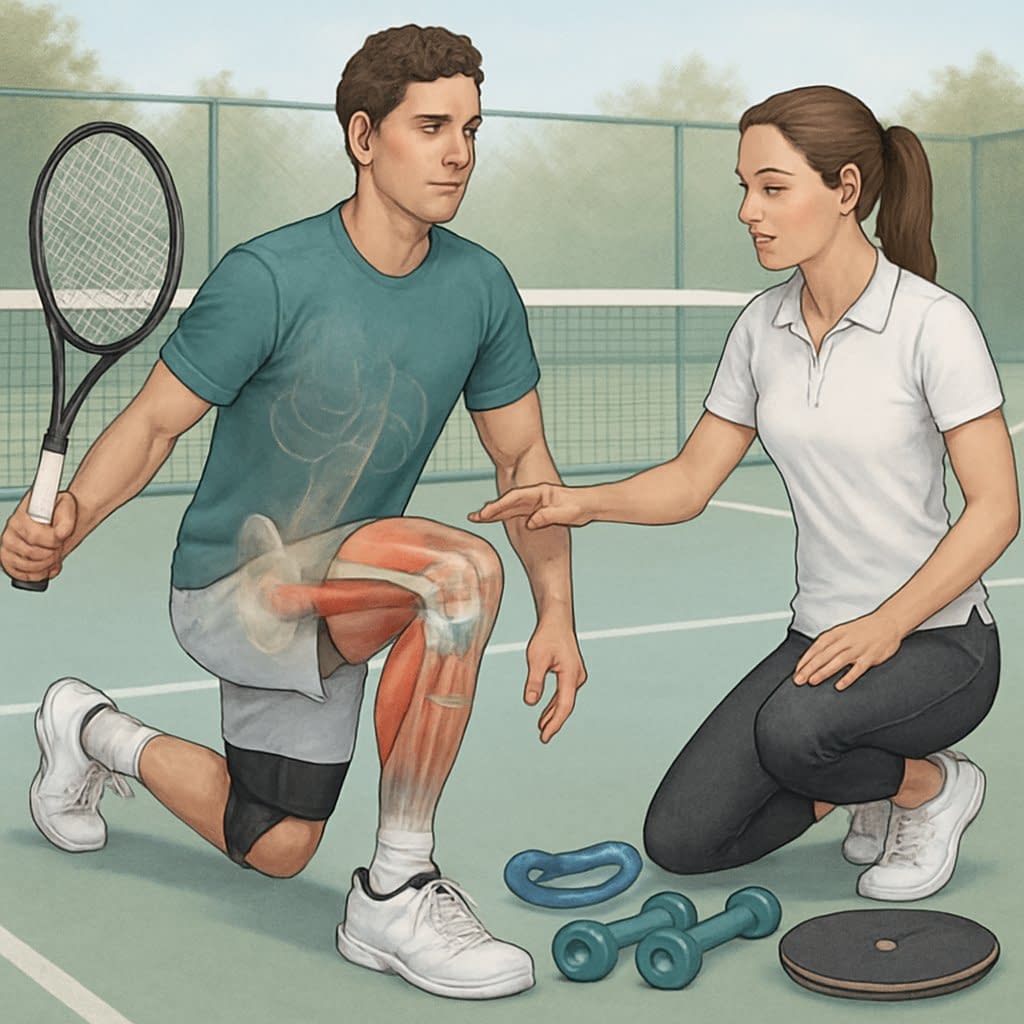 Two tennis players on a court performing knee-strengthening exercises with a trainer guiding them, showing proper form and equipment for knee protection.