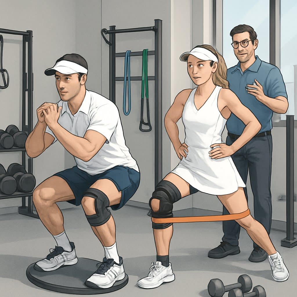 Two tennis players performing knee-strengthening exercises in a gym with a trainer guiding them.