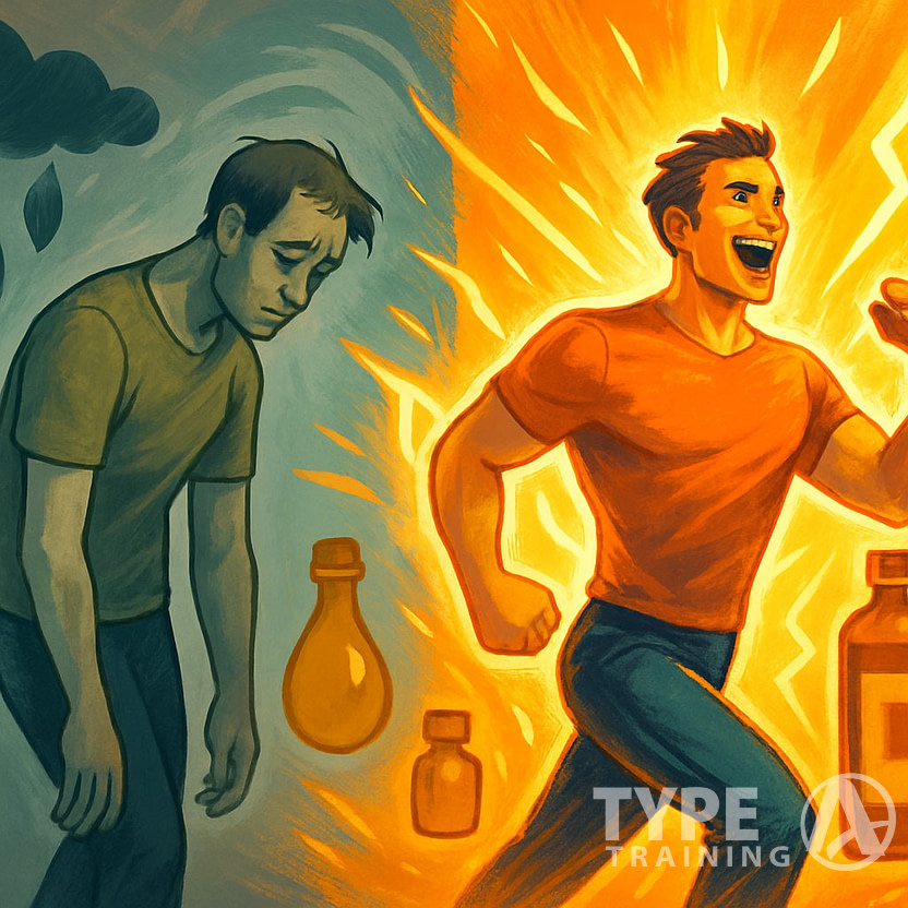 A person transforming from tired and sluggish on the left to energized and powerful on the right, surrounded by glowing energy effects and oil droplets.