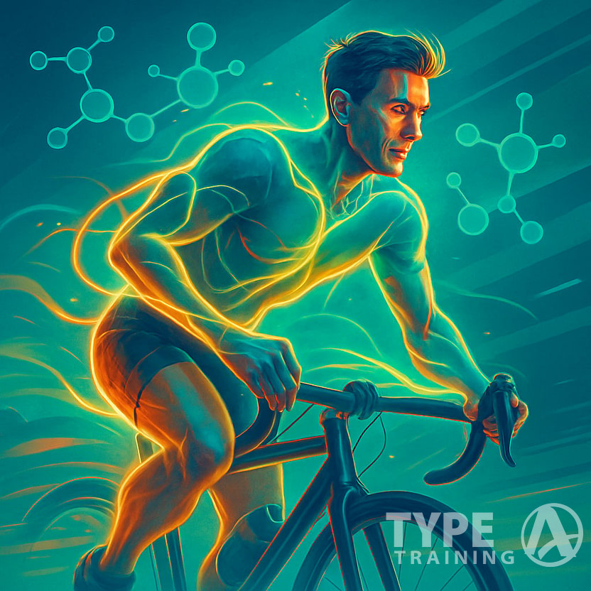 An energized athlete in motion surrounded by glowing energy waves and molecular structures symbolizing enhanced performance and vitality.