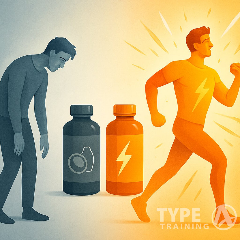 A person transforming from low energy and tired on the left to vibrant and energized on the right, with supplement bottles and energy symbols in the background.