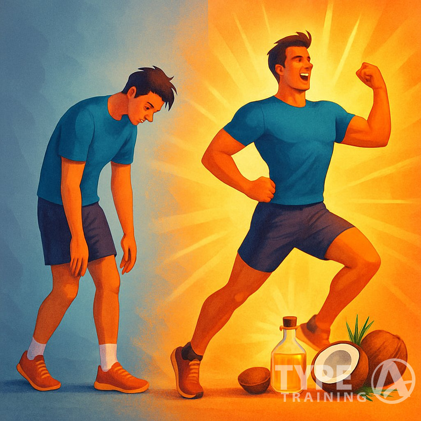 A person transitioning from tired and low energy to energized and powerful, surrounded by coconuts and a glowing bottle of oil.