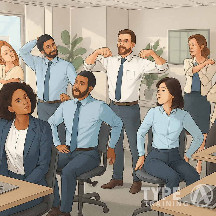A group of diverse professionals in an office doing quick posture exercises at their desks and in an open space.