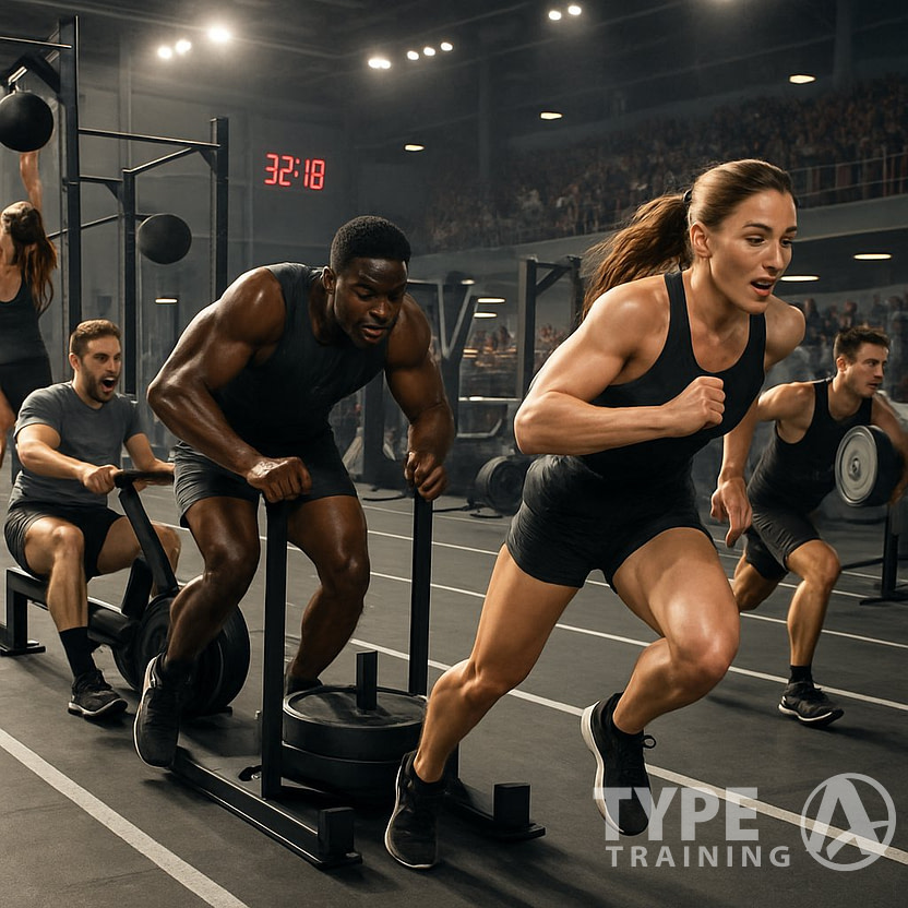 A group of athletes competing in an indoor fitness race, performing various exercises like running, weightlifting, and sled pushing in a sports arena.
