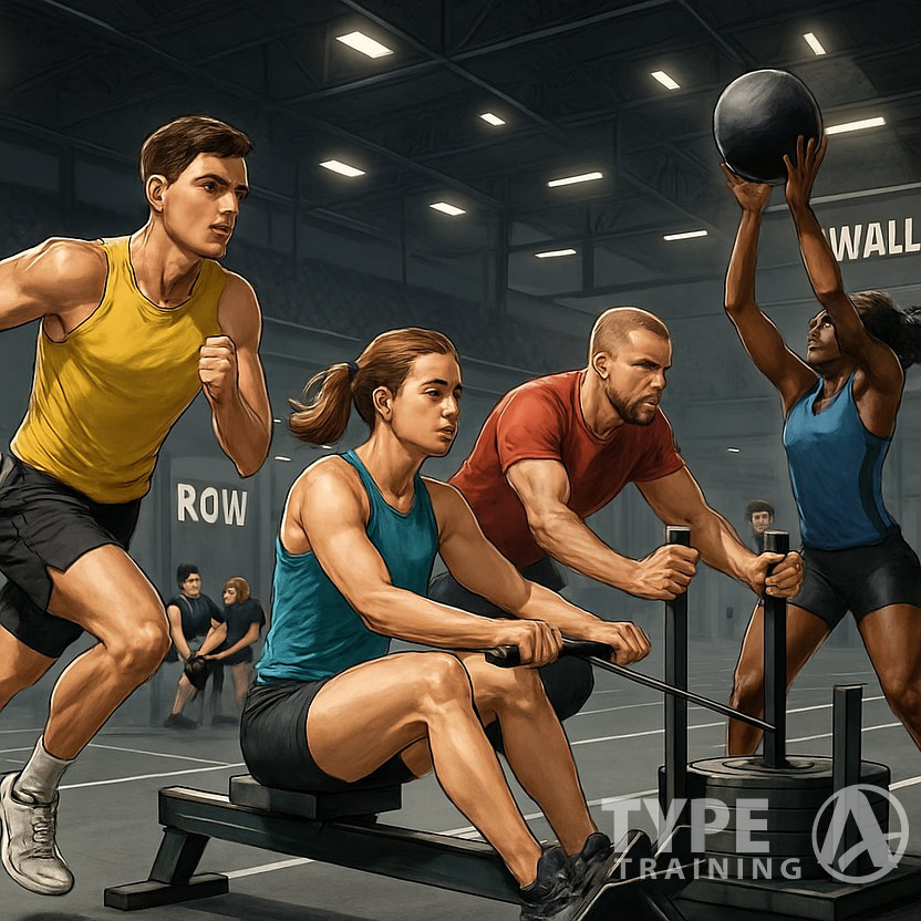 Athletes competing in various fitness challenges in an indoor sports arena, showcasing different race stations and diverse participants.