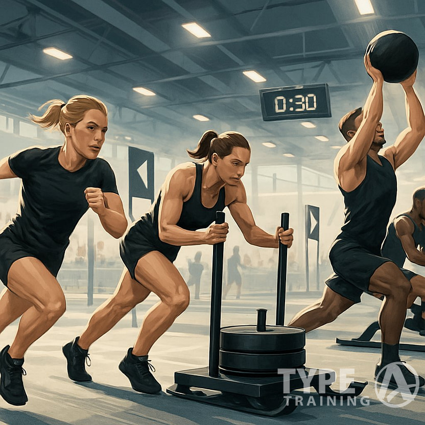 Athletes competing in a HYROX fitness race, running and performing various exercises in an indoor fitness arena.