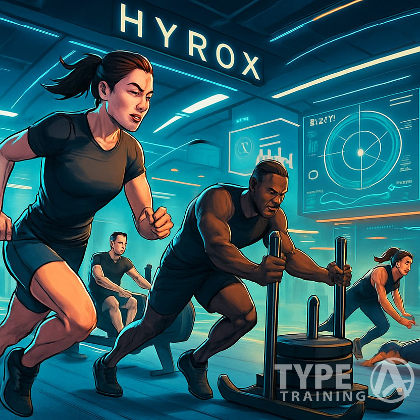 Athletes competing in a hybrid fitness race performing running, rowing, sled pushing, and burpees in a high-tech indoor fitness arena.