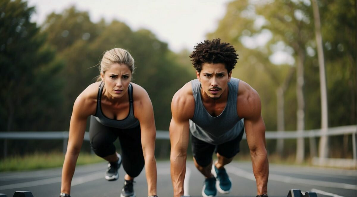 A couple working out together, facing common challenges. They support each other and push through the obstacles, showing determination and teamwork