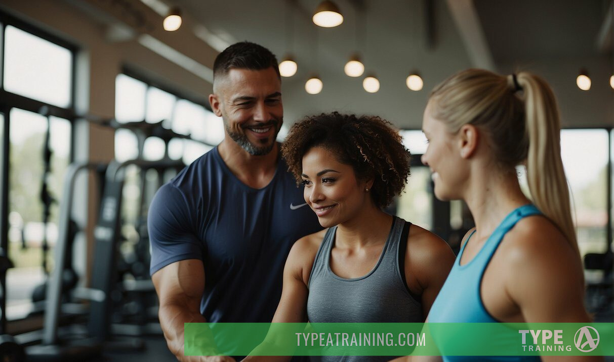 A personal trainer guides a couple through a workout, offering support and motivation. They demonstrate exercises and provide feedback on form