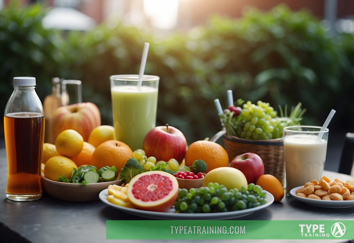 A table with healthy and unhealthy lifestyle items. Fruits, vegetables, and exercise on one side. Fast food, soda, and cigarettes on the other