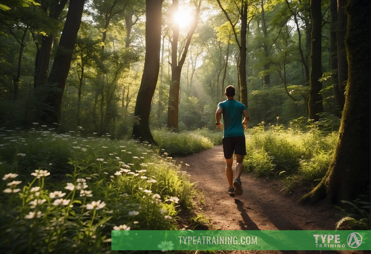 A runner traverses a lush forest trail, sunlight filtering through the canopy. Trees and wildflowers line the path, while birds and small animals can be seen and heard throughout the scene