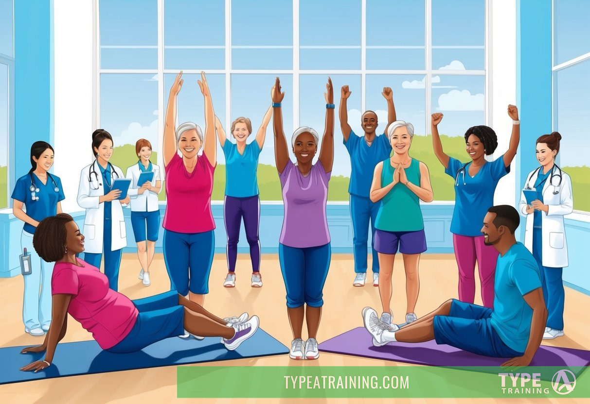 group celebrating with exercise, 