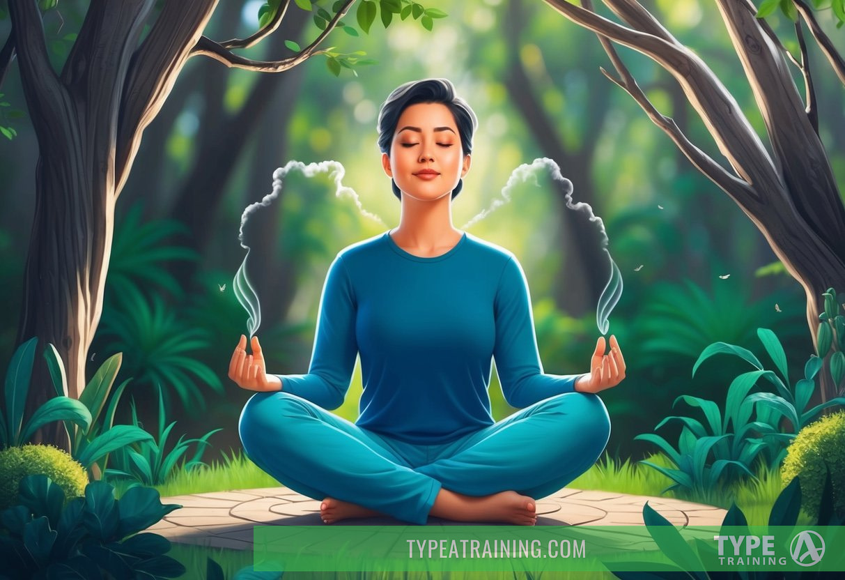 a woman sitting in a lotus position in the woods