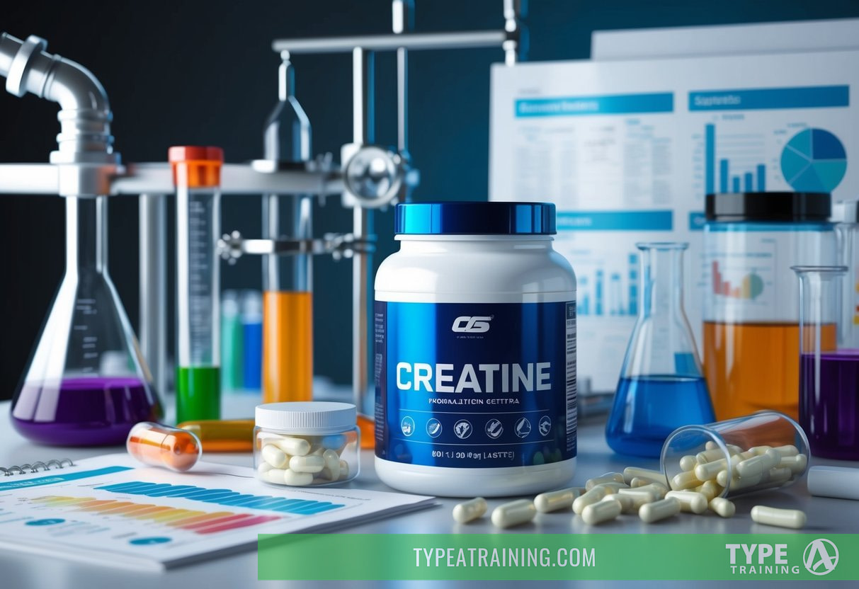 A laboratory setting with various supplements and scientific equipment, with a focus on a container of creatine surrounded by informational charts and studies