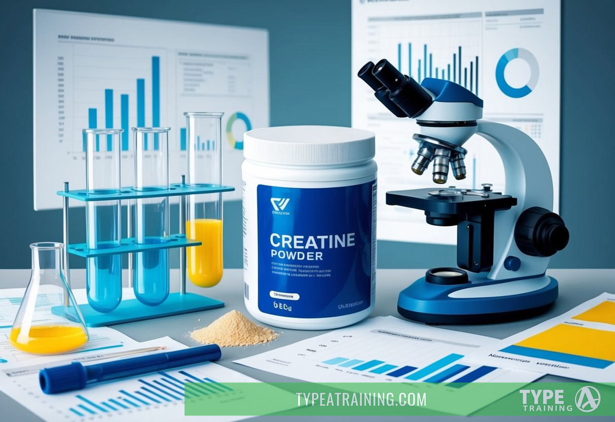 A laboratory setting with test tubes, scientific equipment, and a microscope. A container of creatine powder is prominently displayed, surrounded by research papers and data charts