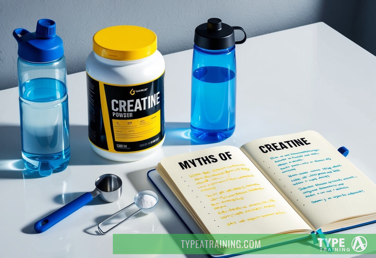 A jar of creatine powder sits next to a water bottle and a scoop on a clean, white counter. A notebook with "Myths of Creatine" written on the cover is open to a page filled with notes