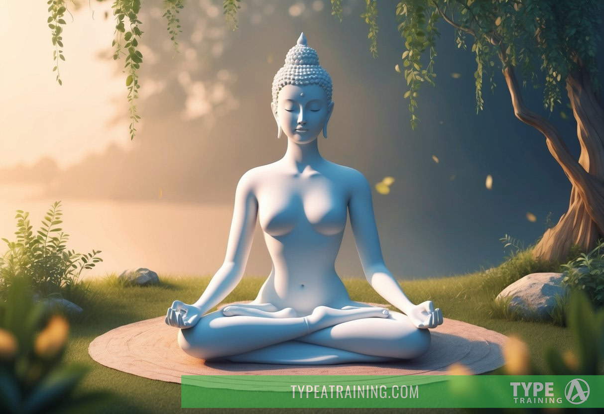 A serene figure meditates in a tranquil setting, surrounded by calming nature and soft, warm light
