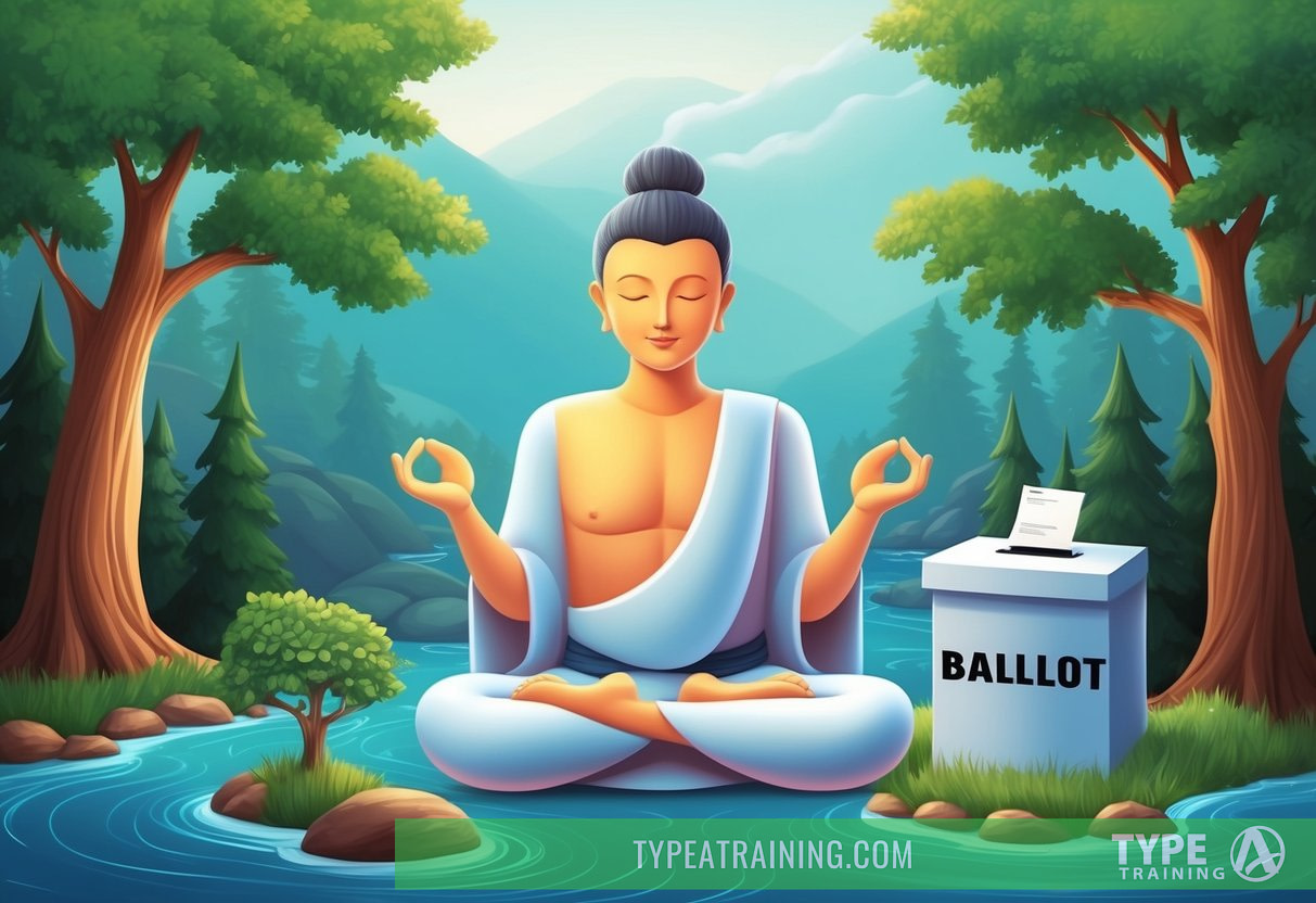 A serene figure meditates in front of a ballot box, surrounded by calming nature elements like trees and flowing water