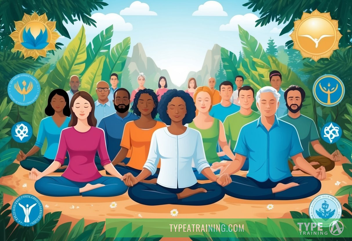 A diverse group of people meditating in a peaceful, natural setting, surrounded by symbols of political unity and harmony