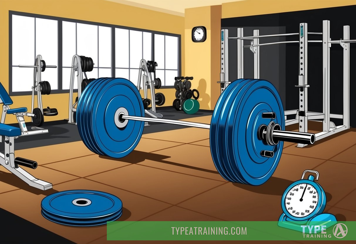 A weightlifting bar loaded with plates, surrounded by various gym equipment and a timer, set in a well-lit gym space