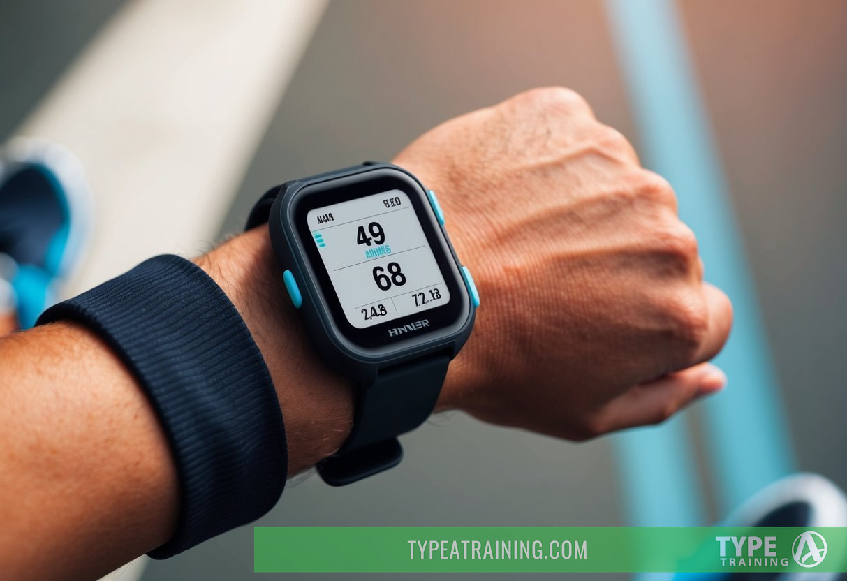 A runner's wrist with a sleek, high-tech heart rate monitor displaying real-time data
