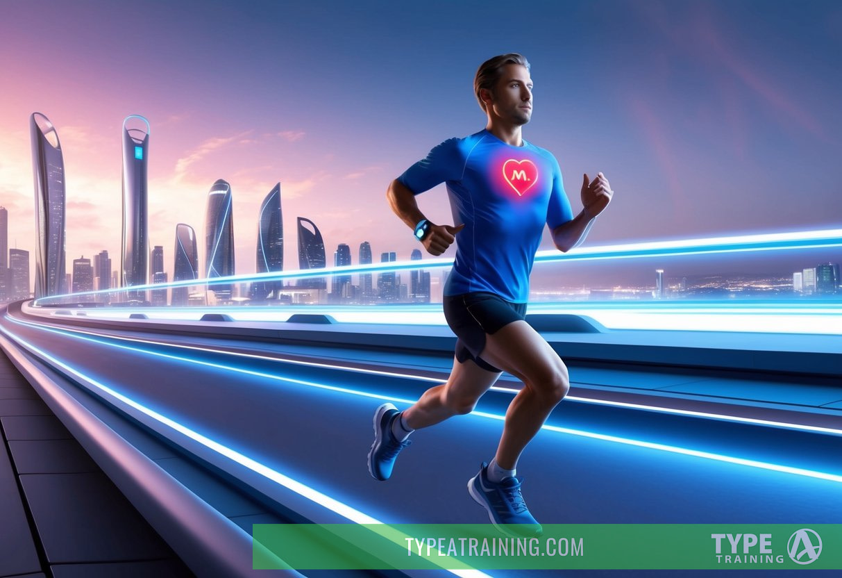 A runner wearing a futuristic heart rate monitor while jogging through a sleek, high-tech cityscape in 2025