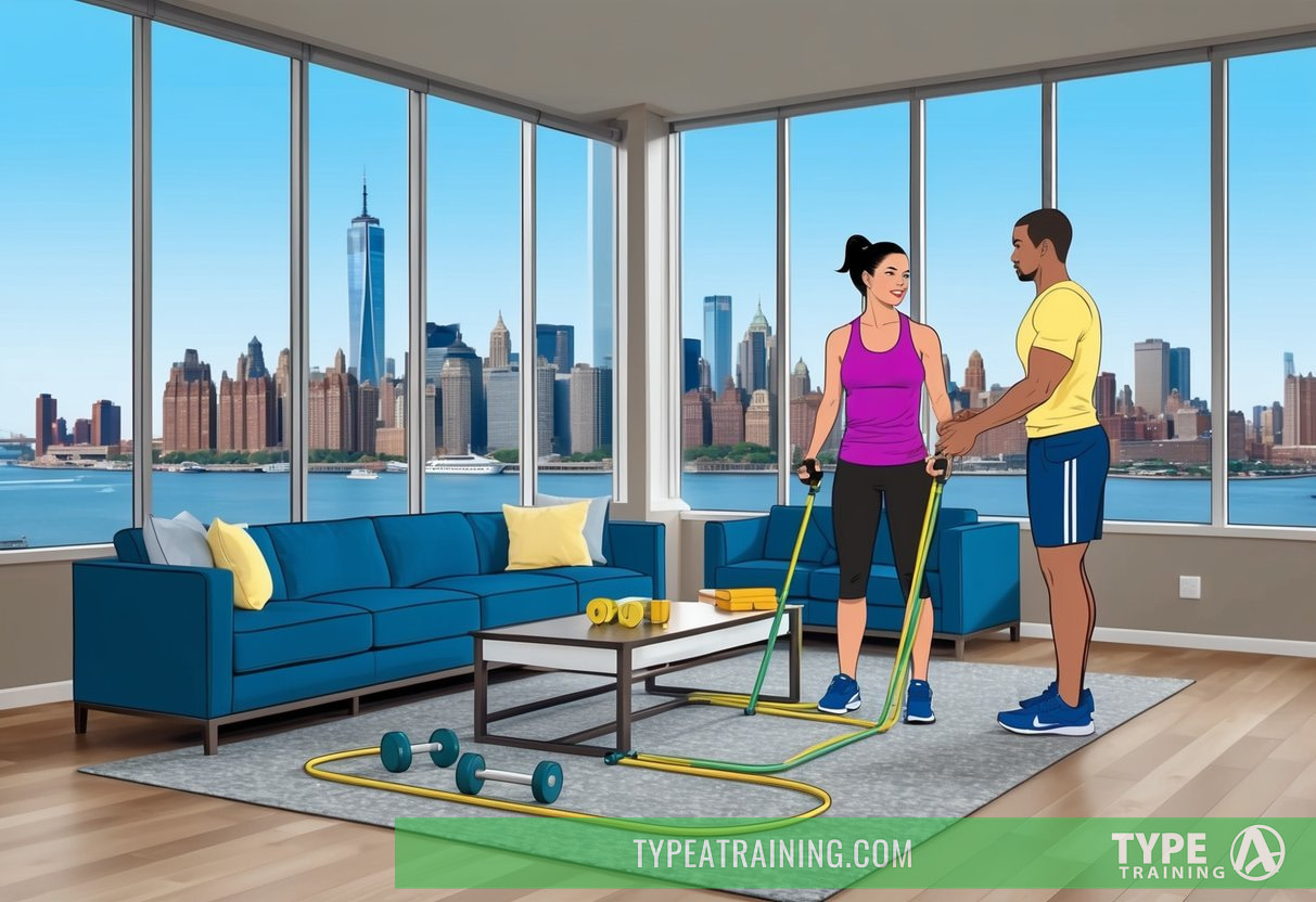 A spacious living room with a large window overlooking the Brooklyn skyline. A personal trainer guides a client through a workout using resistance bands and dumbbells