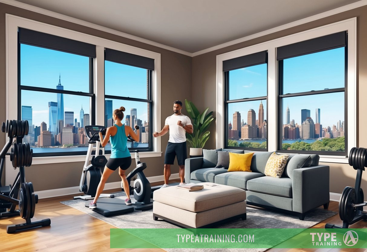 A person working out in a cozy living room with a personal trainer, surrounded by modern fitness equipment and large windows overlooking the Brooklyn skyline