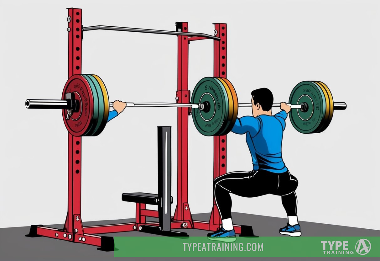 A weightlifting bar loaded with plates, a squat rack, and a lifter in position to perform a back squat