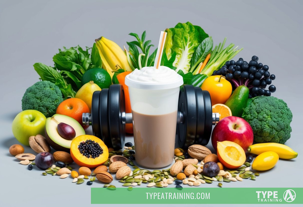 A variety of colorful fruits, vegetables, nuts, and seeds arranged around a set of dumbbells and a protein shake, symbolizing the combination of plant-based nutrition and strength training for muscle building