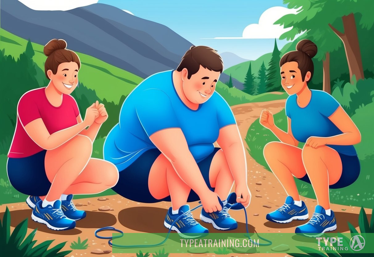 An overweight person lacing up running shoes, surrounded by a supportive friend and a scenic outdoor trail