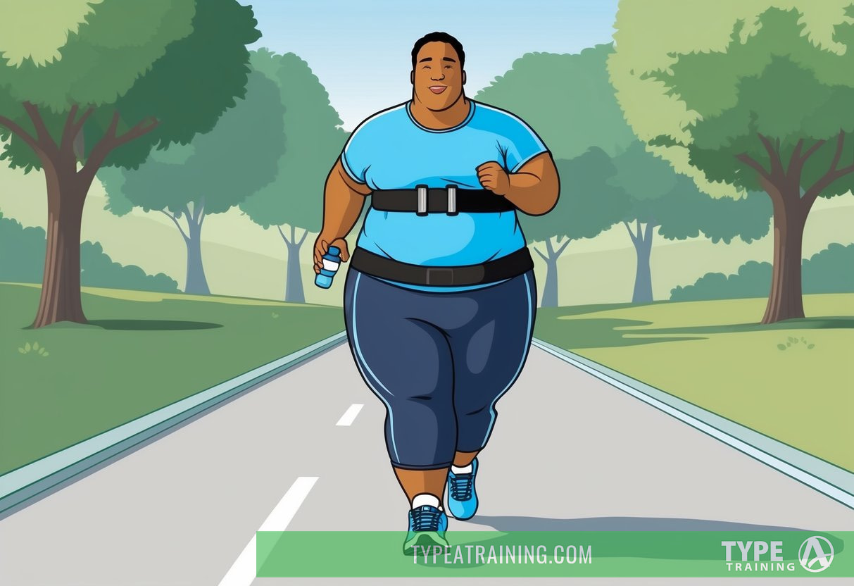 A person with a larger body size wearing running shoes and comfortable athletic clothing, with a supportive running belt and water bottle, jogging on a smooth, flat path surrounded by trees and nature