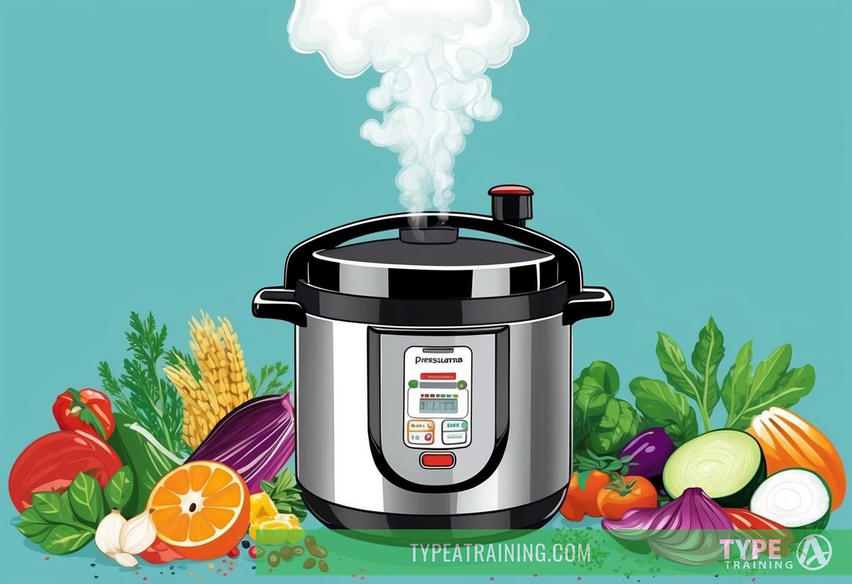 A pressure cooker releasing steam while cooking a variety of colorful, healthy ingredients