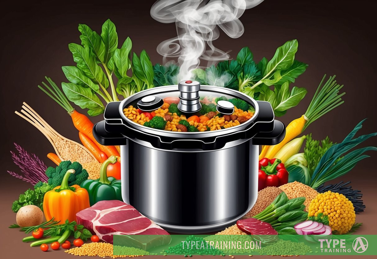 A pressure cooker surrounded by fresh vegetables, grains, and meats, emitting steam and filled with vibrant colors and textures