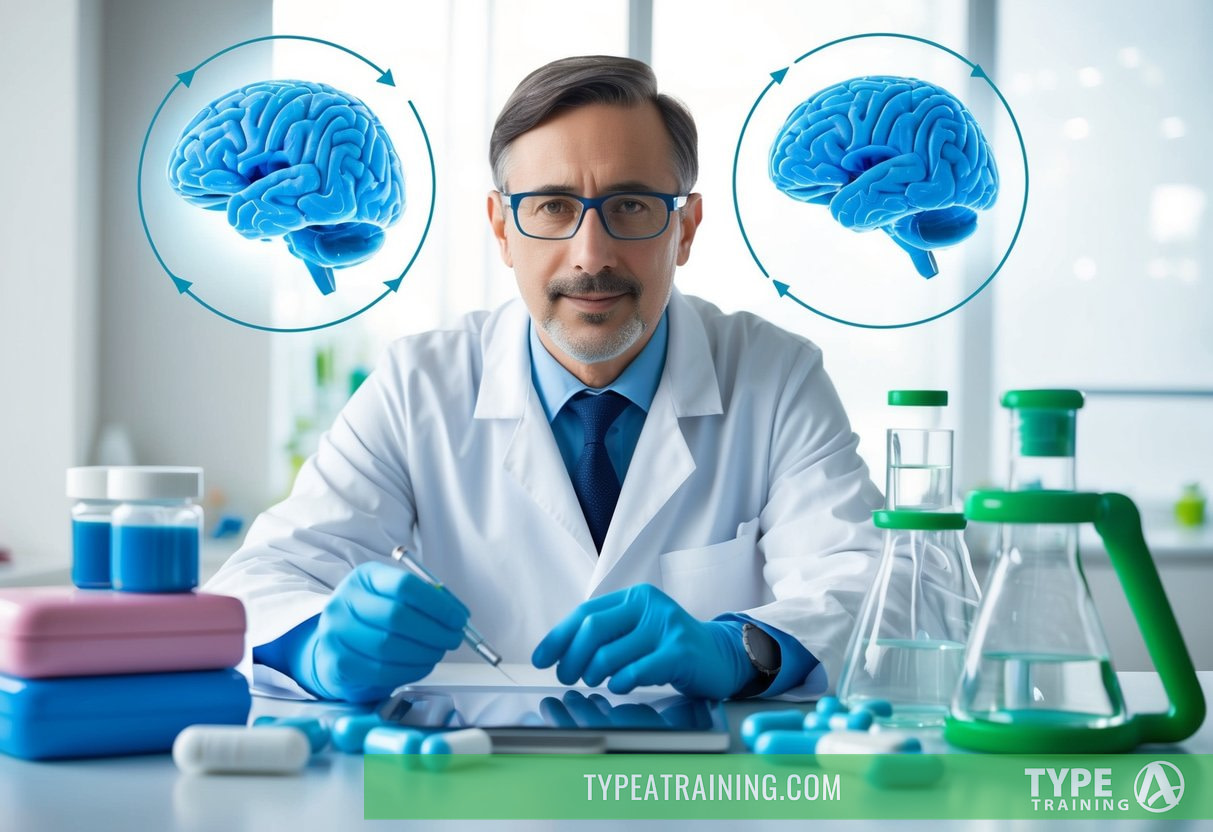 A scientist in a lab, surrounded by brain scans and weight loss drugs, studies the link between obesity and dementia