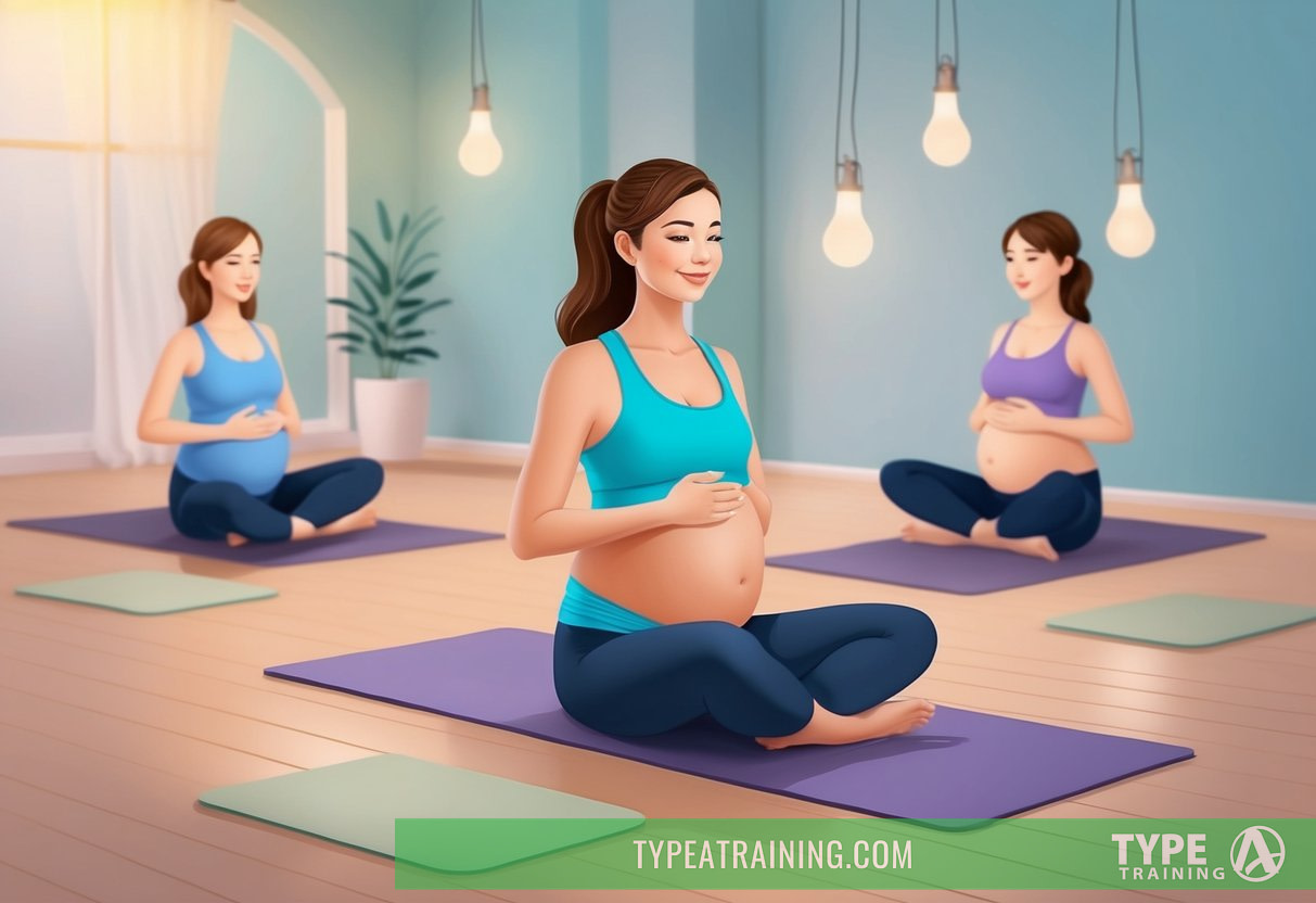 A pregnant woman in a yoga studio, surrounded by soft lighting and calming music, performing gentle, modified Pilates exercises with the guidance of a certified prenatal Pilates instructor