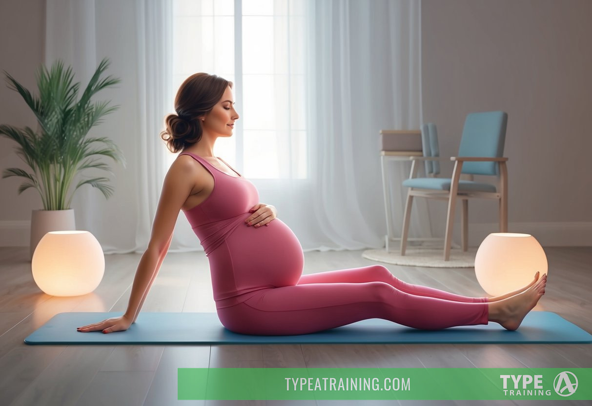 A serene pregnant woman practicing prenatal Pilates, surrounded by soft lighting and gentle music, easing her pregnancy symptoms with each graceful movement