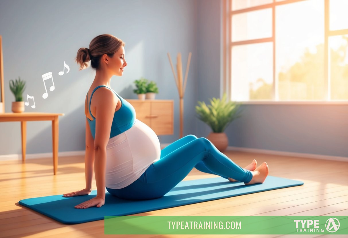 A pregnant person doing prenatal Pilates exercises in a peaceful, sunlit studio with soft music playing in the background