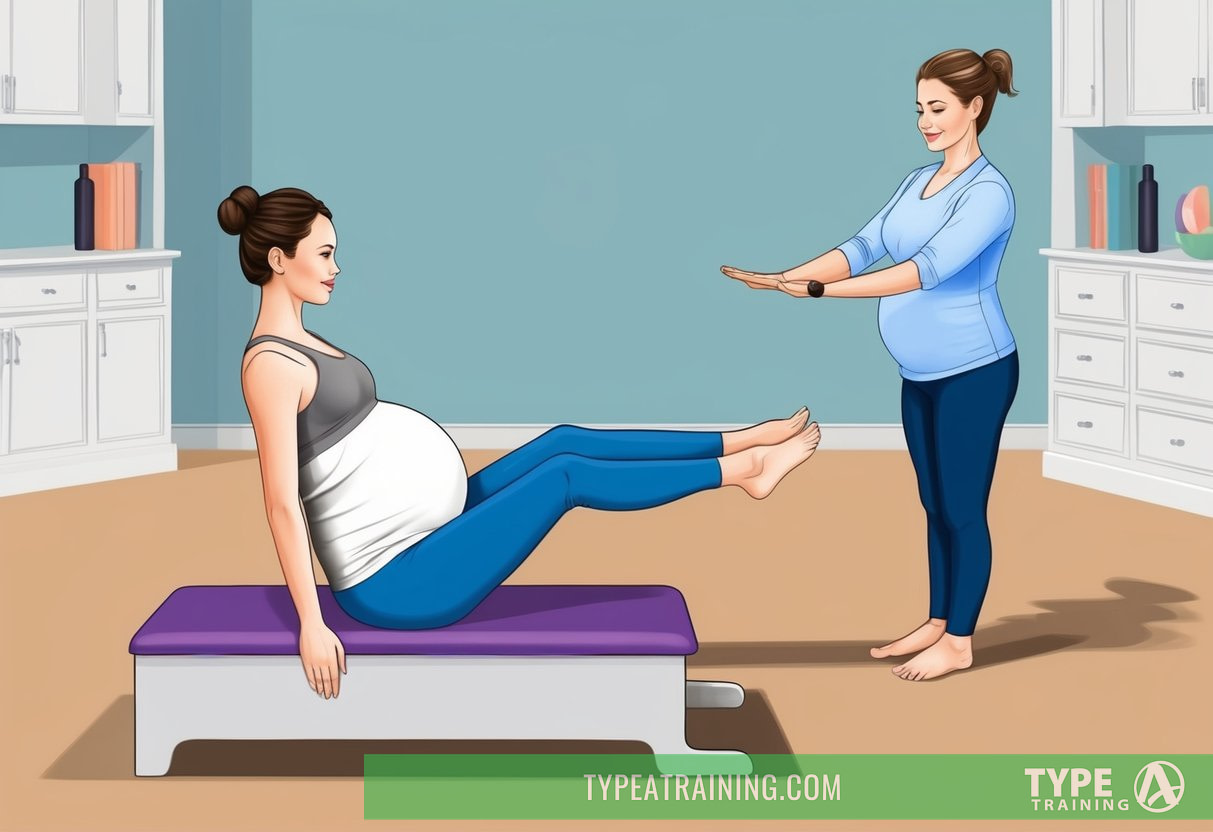 A pregnant woman doing Pilates with a prenatal instructor, demonstrating modified exercises for each trimester