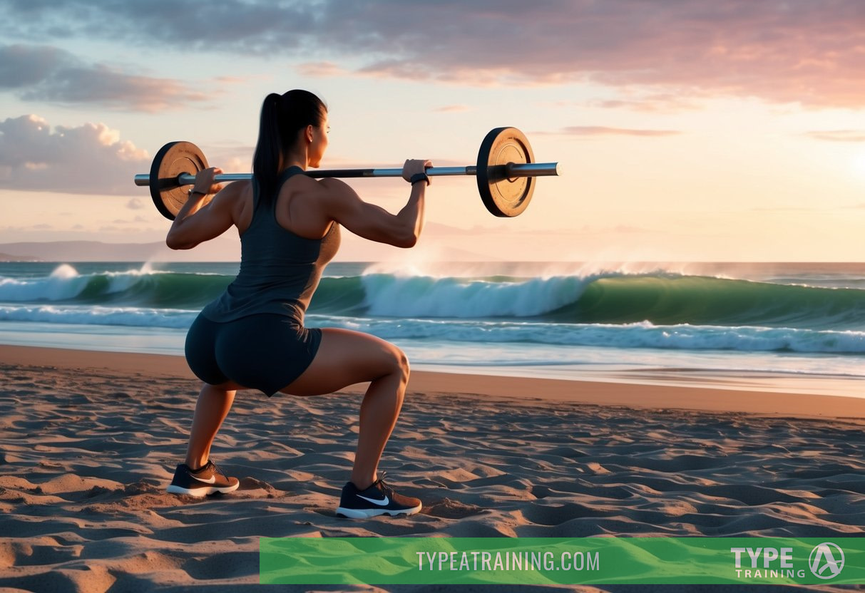A calisthenics practitioner performing pistol squats on a beach at sunset, with waves crashing in the background