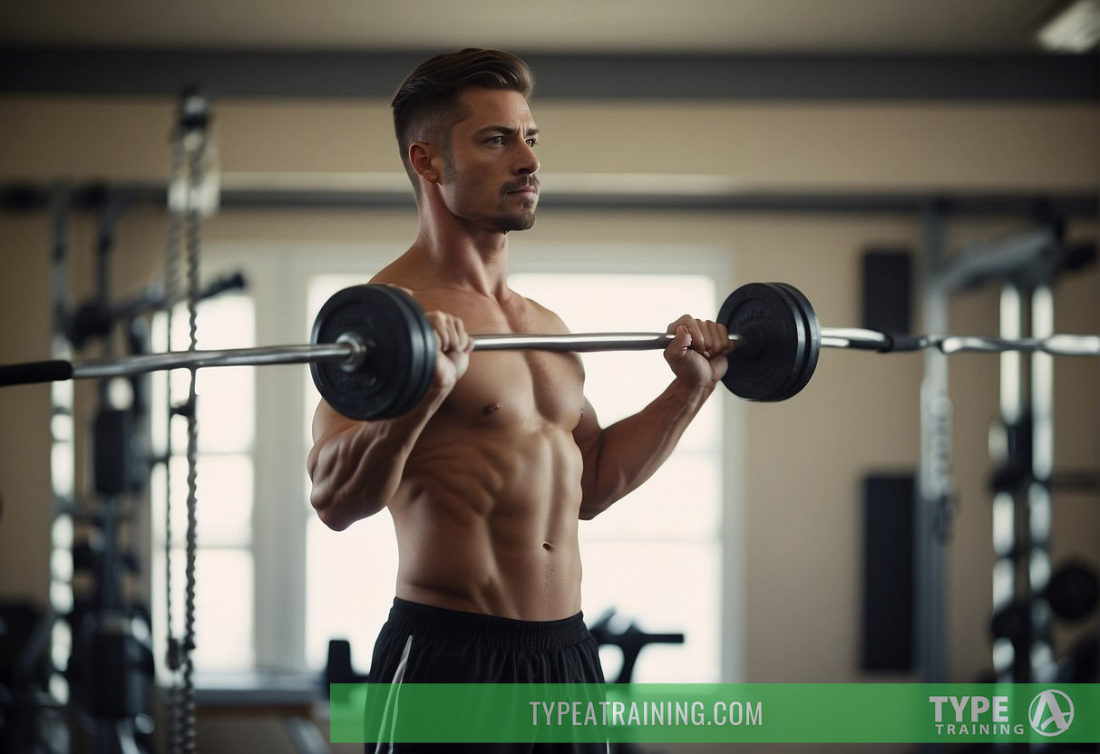 A person lifting weights with a concerned look on their face, surrounded by measuring tape and a growth chart