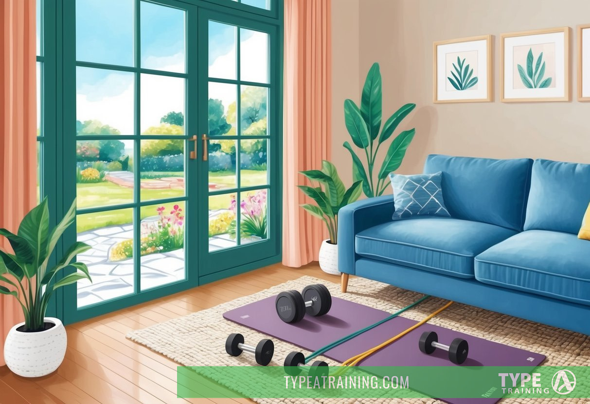 A cozy living room with a yoga mat, dumbbells, and resistance bands set up next to a large window overlooking a peaceful garden